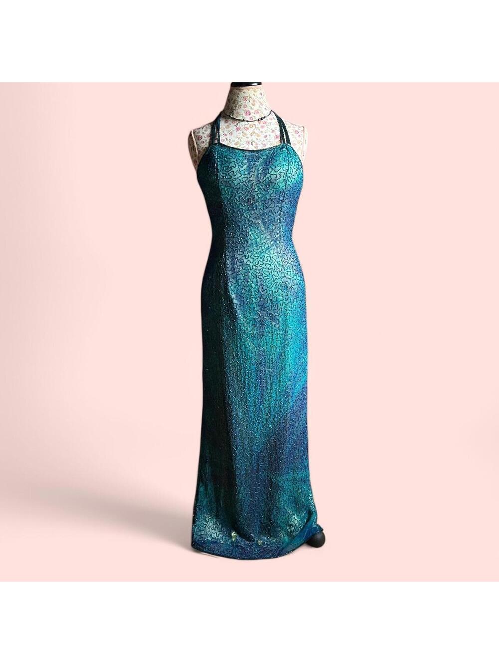 y2k fairy blue and green silk beaded formal dress